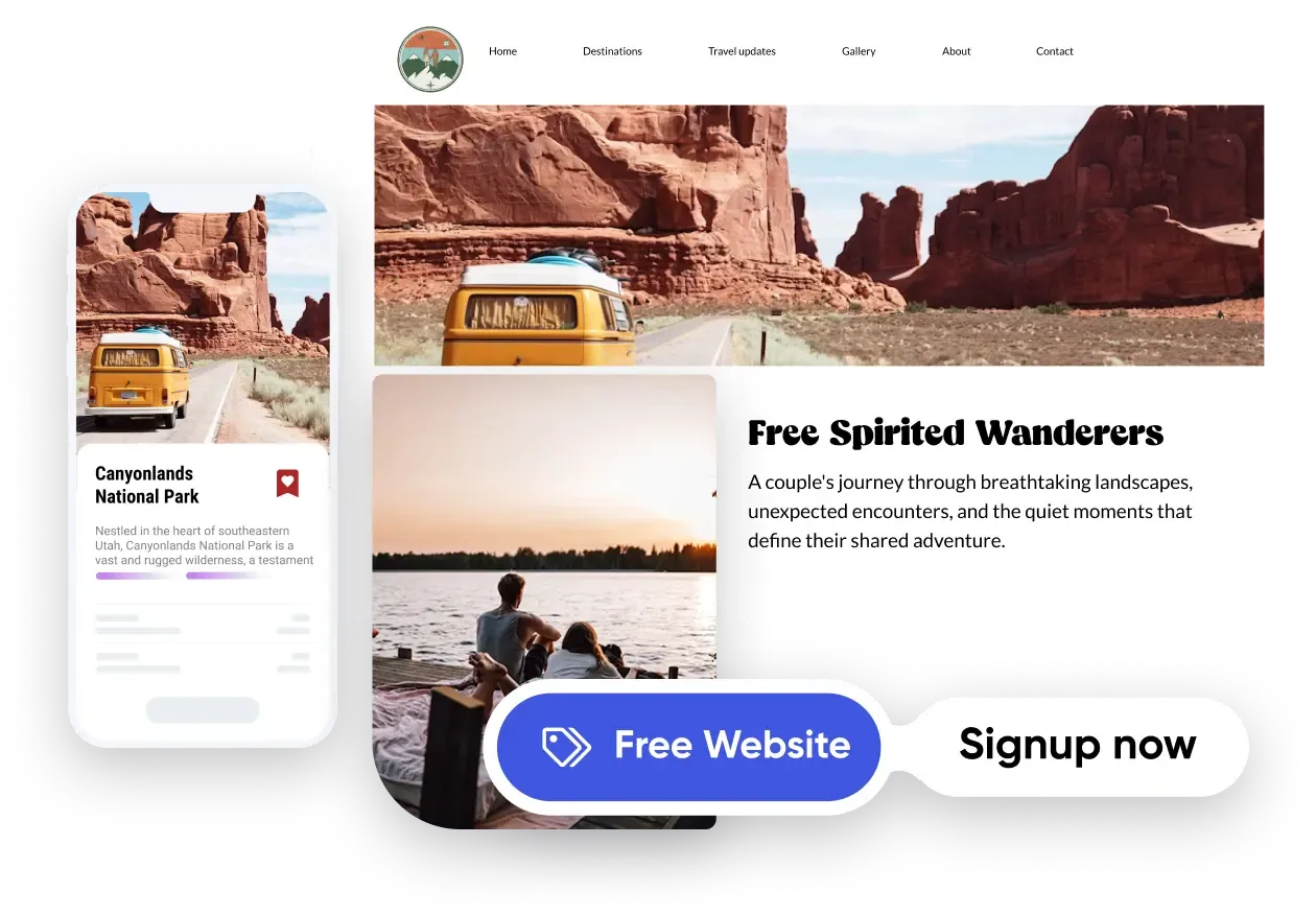 AI website builder creating a responsive travel blog, shown with a 'Free Website' signup CTA